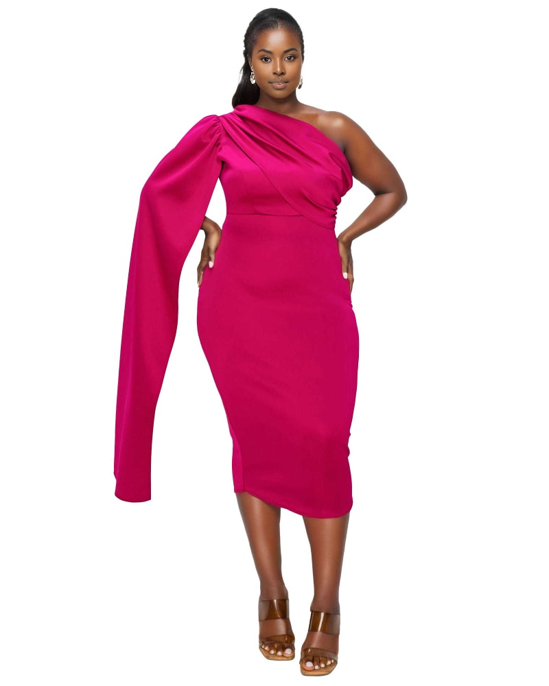 Front of a model wearing a size 2X Spade One Shoulder Cape Dress in Magenta by L I V D. | dia_product_style_image_id:363684